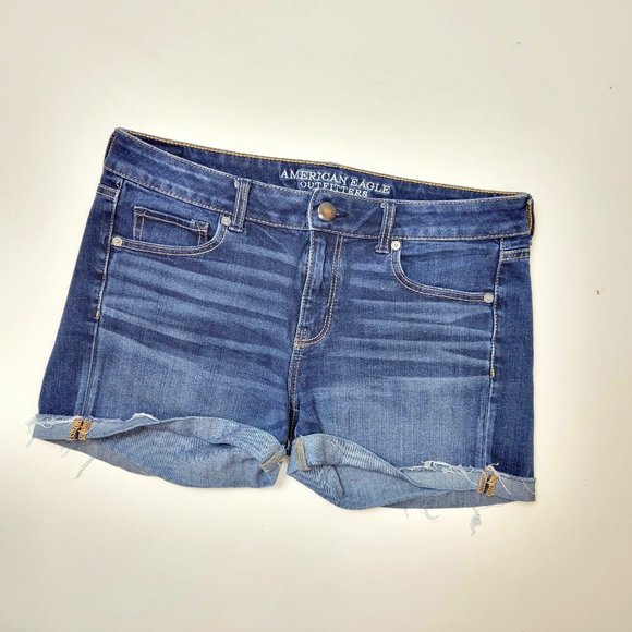 American Eagle Outfitters Pants - American Eagle Midi Shorts Dark Wash Raw Hem Size 10